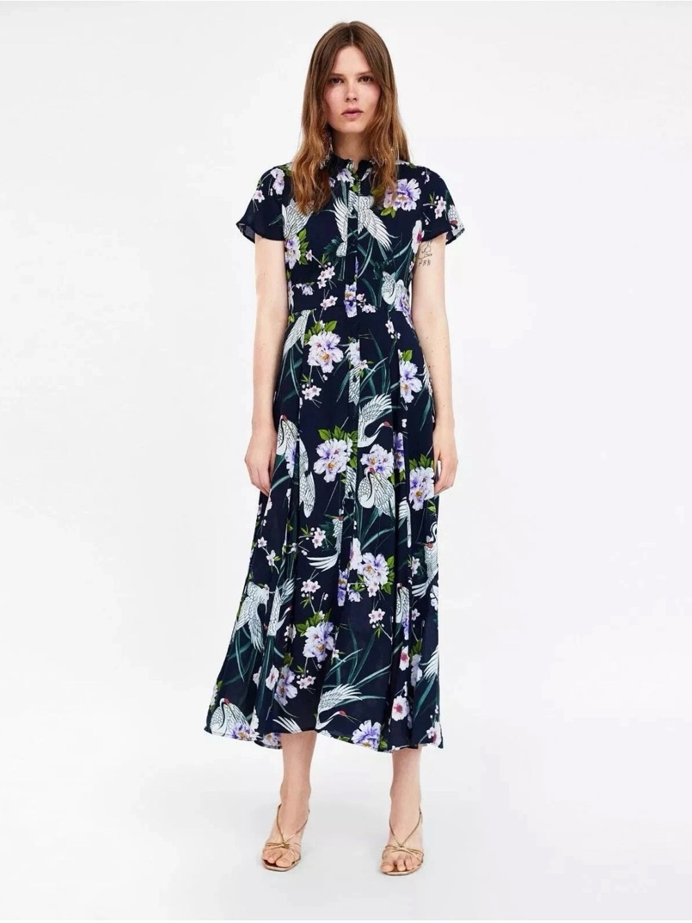 Rare ZARA Crane & Peony Print Floral Maxi Shirt Dress Whimsigoth Chinoiserie M